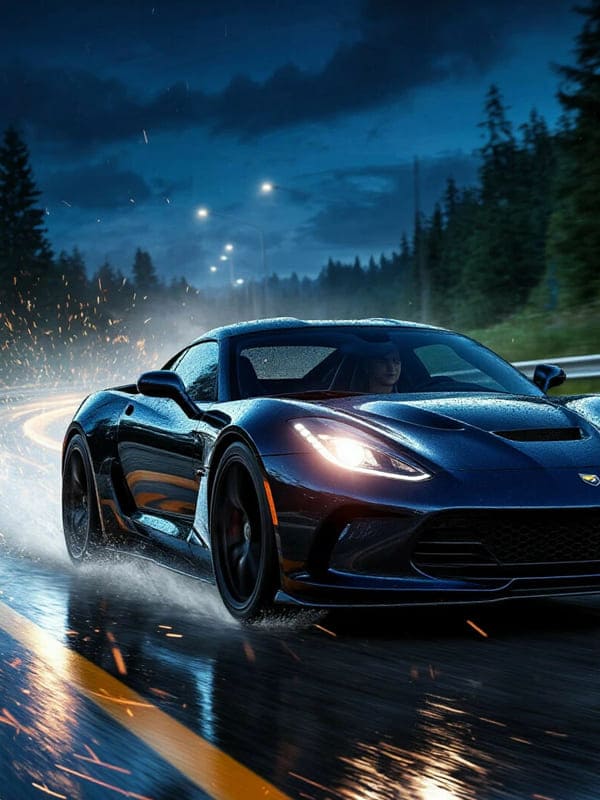 Девушка вечером едет на своём спорт каре