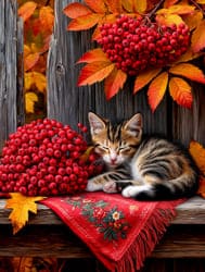 спящий кот и гроздь рябины