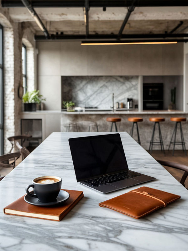 На кухонном столе MacBook чашка кофе