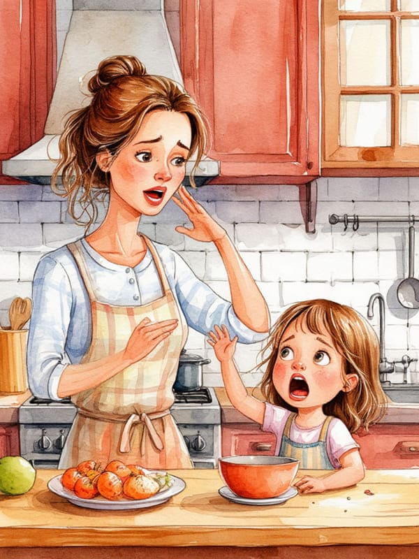 Мама на кухни и дочка нарисованная картинка