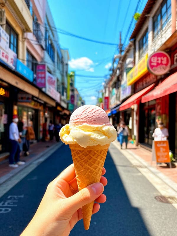 Рука держит рожок мороженного на улице