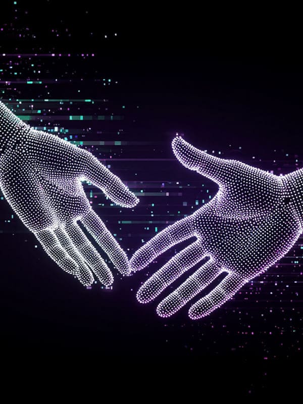 Две руки роботов пиксельные на тёмном фоне