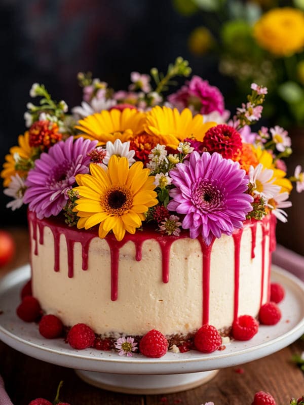 Торт с красивыми цветами и ягодным кремом