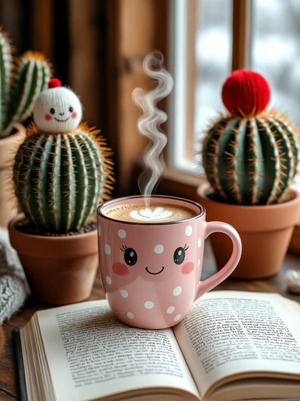Кружка кофе на книжке рядом с кактусами