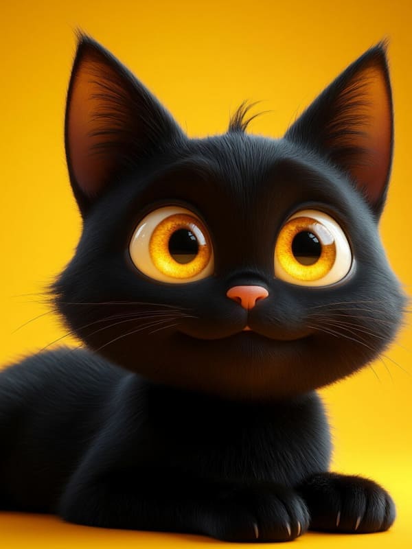 Чёрный нарисованный кот Пиксар на жёлтом фоне