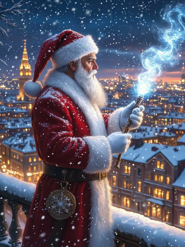 Дедушка Мороз в красной шубе с волшебной дудкой на фоне ночного горада