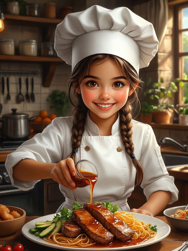 Девушка повар красивая картинка на кухне с косами поливает еду соусом