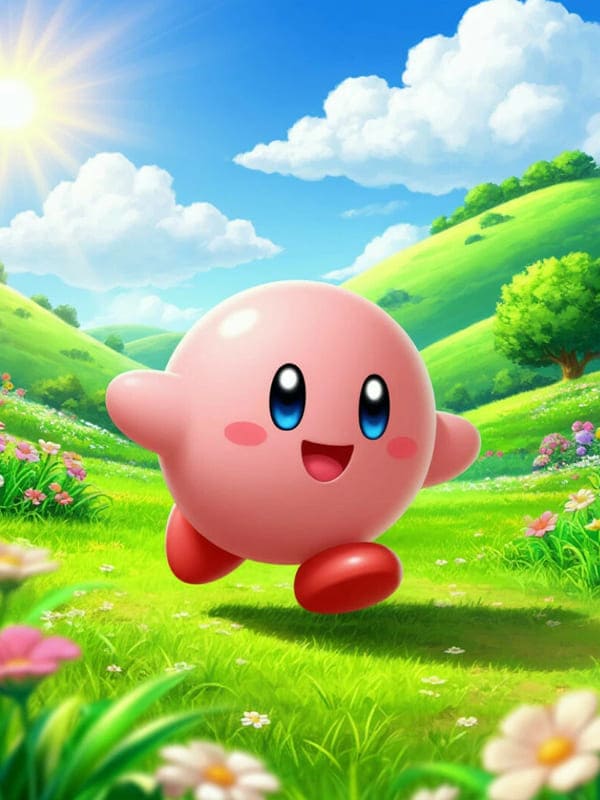 Розовый персонаж Кирби бегает в игровом мире
