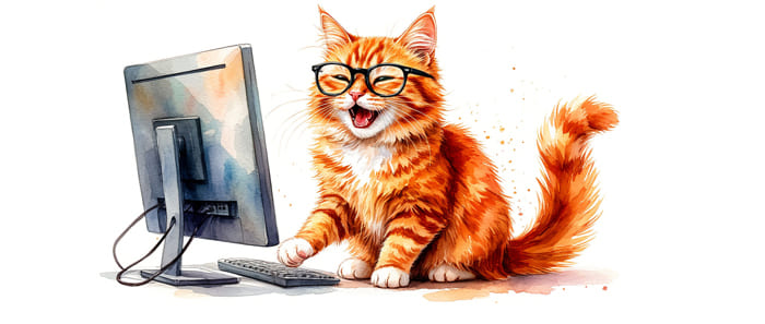 Пример рыжего кота за компьютером акварель