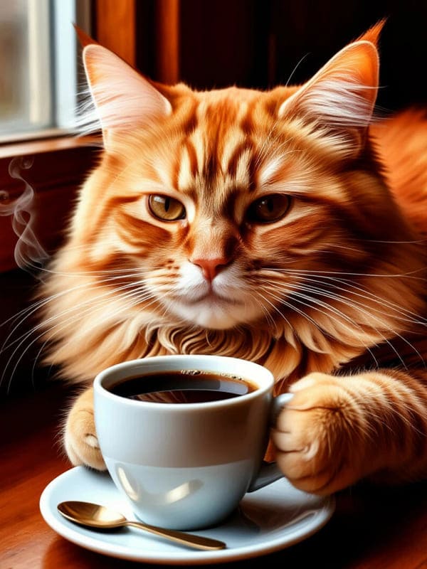 Пушистый рыжий кот держит лапой чашку с кофе на подоконнике