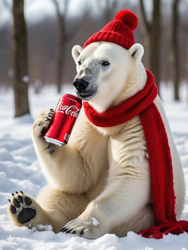 Белый мишка в красном шарфе шапке и банка с напитком Кока Кола