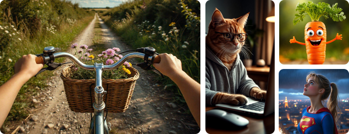 Карточка с четырьмя разными картинками промтами, кот, морковка, супергерл и пейзаж природа