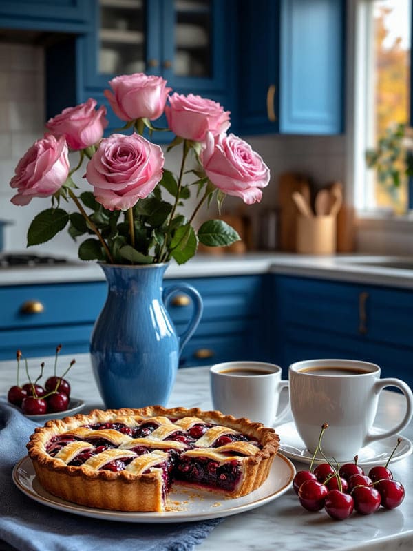 Натюрморт в синей вазе розовые розы на фоне ягодного пирога и чашей кофе