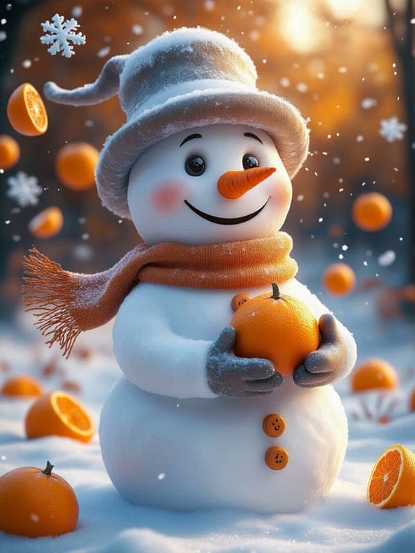 Милый снеговик держит в руках апельсин идёт снег