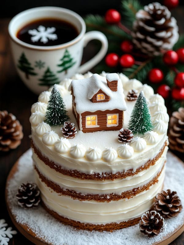 Большой торт с домиком и ёлками рядом кружка с кофе и шишки ели