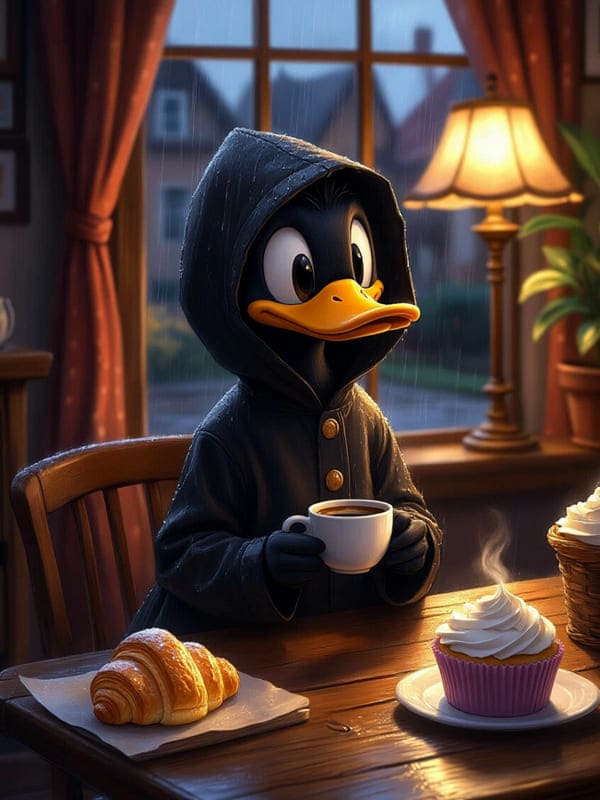 Нарисованная утка селезень из мультфильм пьёт горячий кофе с круасаном в плаще в уютно доме