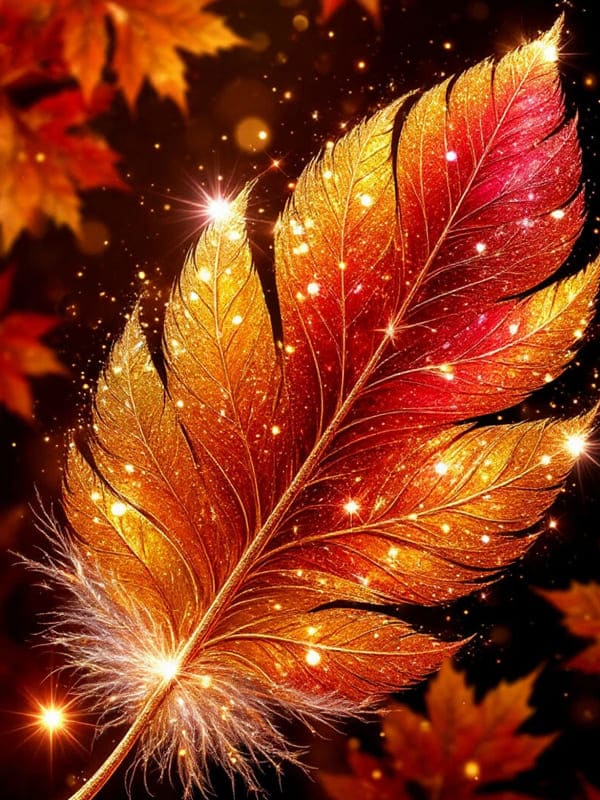 Волшебное золотое перо на фоне осенних листьев волшебство