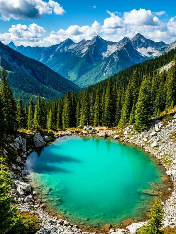 Красивое бирюзовое озеро рядом камни на фоне густого леса и высоких гор