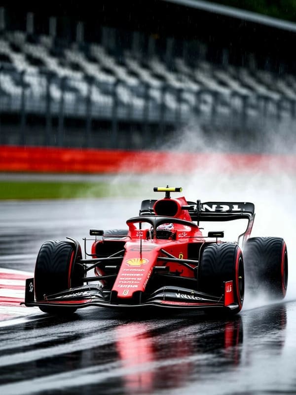 Болит Формулы 1 мчится по трассе по мокрой дороге