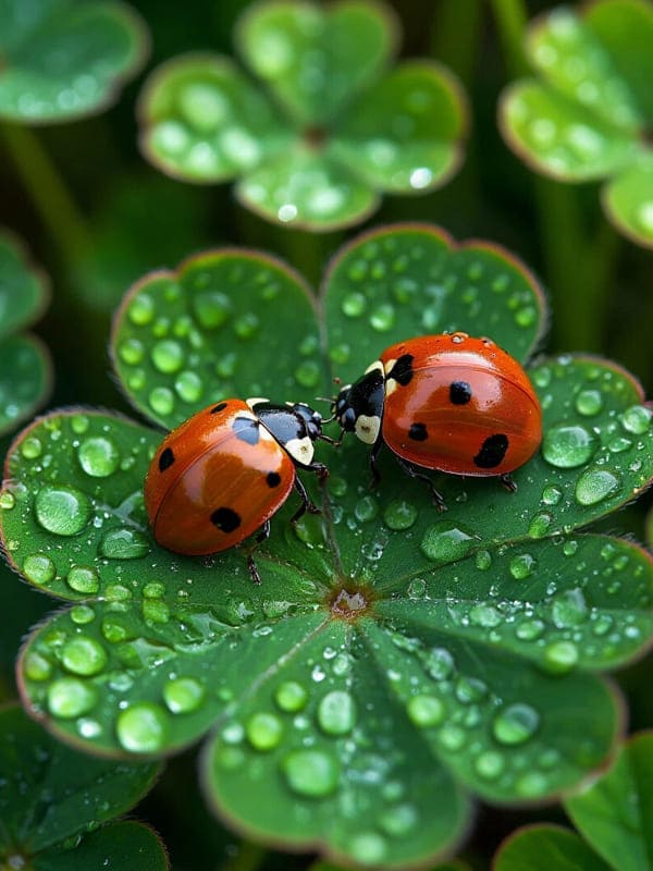 Две божьи коровки на листке капли россы