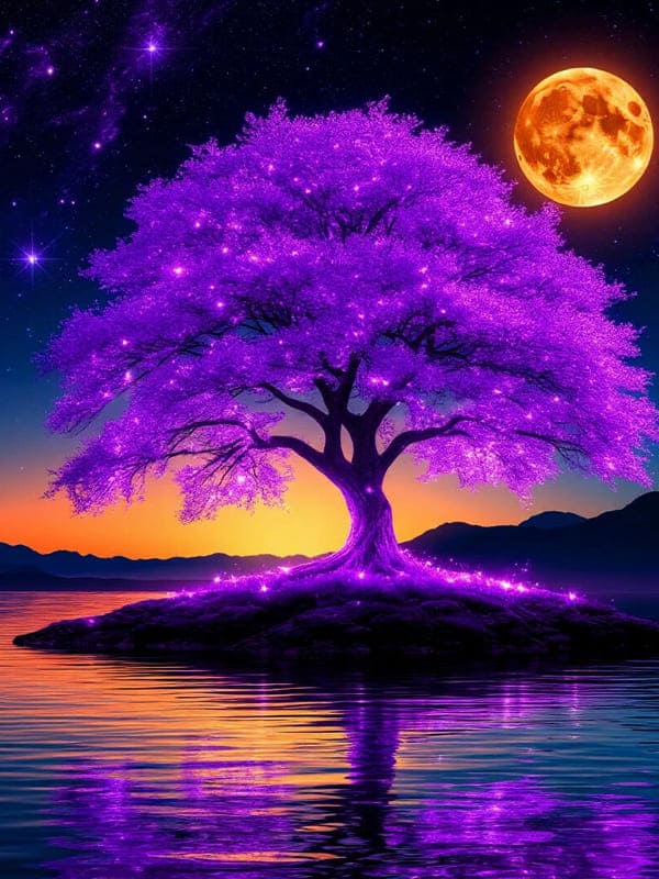 Большое волшебное фиолетовое дерево на меленьком острове на фоне большой жёлтой луне