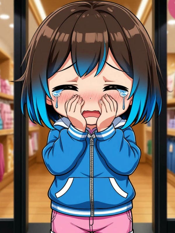Маленькая нарисованная девочка в синей куртки плачет