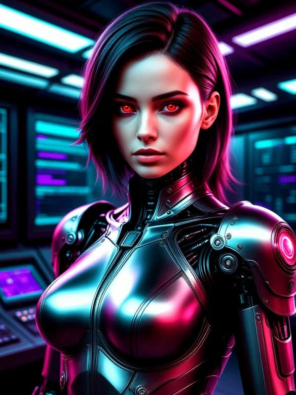 Девушка киборг на фоне компьютеров с короткой причёской