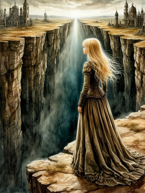 Девушка героиня стоит перед оврагом вдалеке старые города