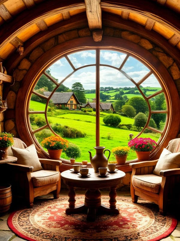 Вид изнутри норы Хоббита два кресла чашки чая и большое окно на природу