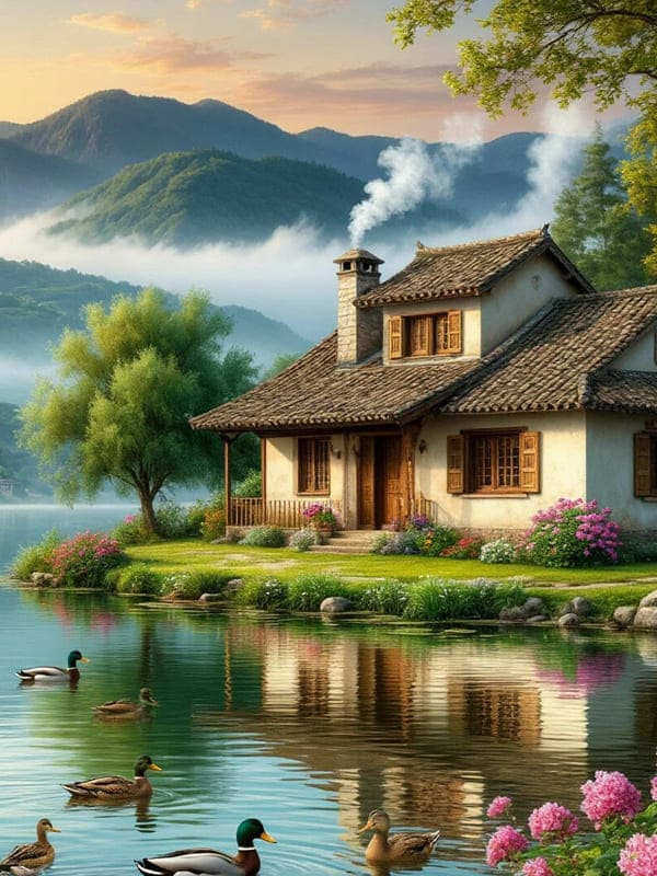Старый каменный винтажный дом на фоне гор с туманом и озера с утками