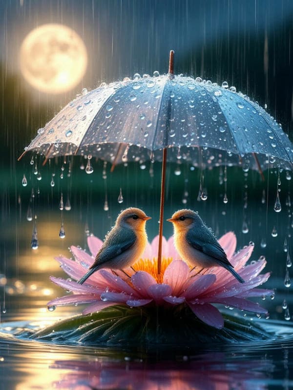 Две милые птички сидят на цветке на воде под зонтом идёт дождик