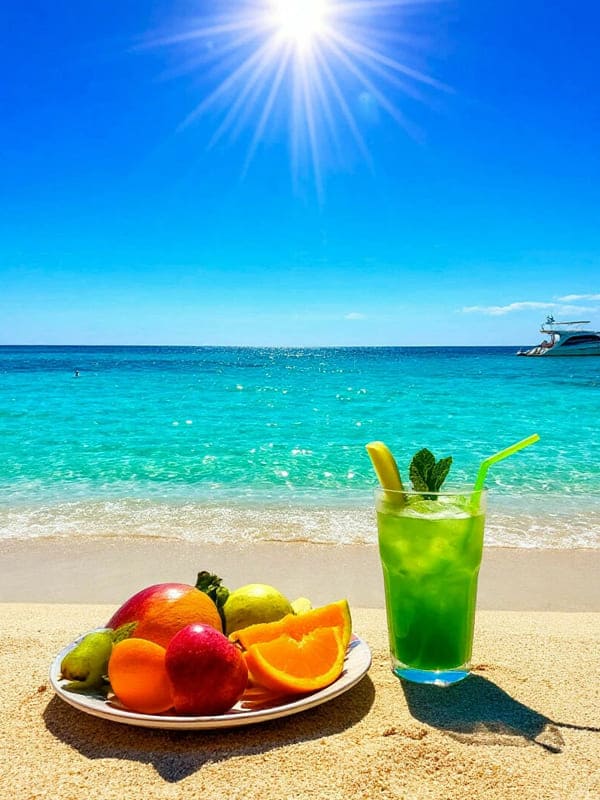 Синее море солнце и на пляже тарелка с фруктами и зелёный коктейль