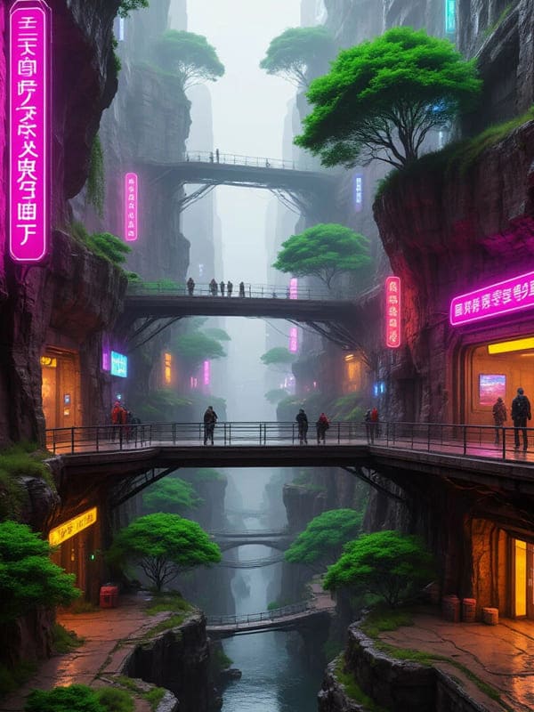 Город будущего неоновые вывески туман скалы и люди между домами на мосту