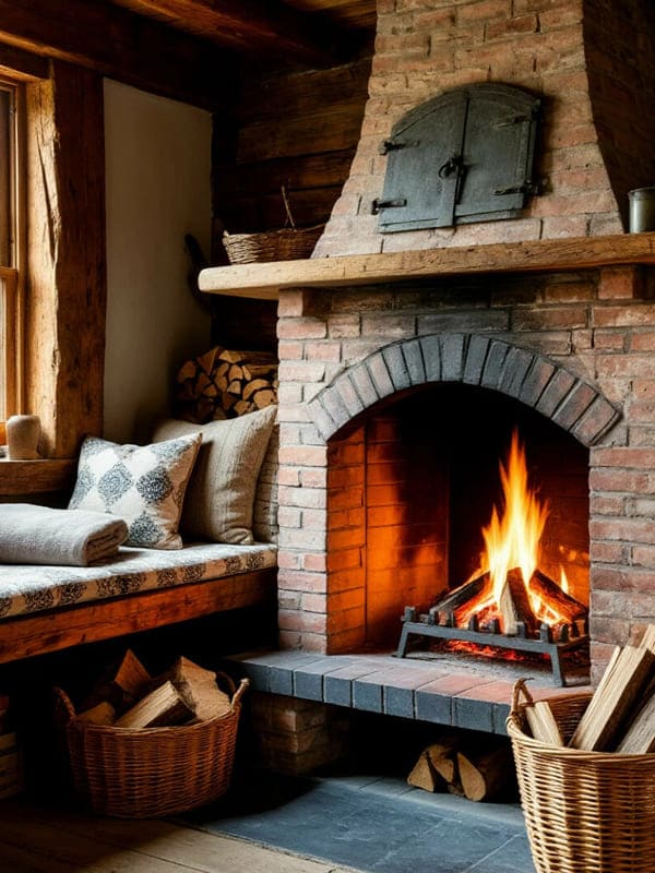 Камин из кирпича с тахтой и дровами горит огонь