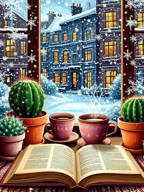 Книга две чашки кофе и кактус картинка нарисованная