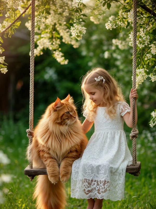 Рыжий кот с девочкой на качелях на фоне природы