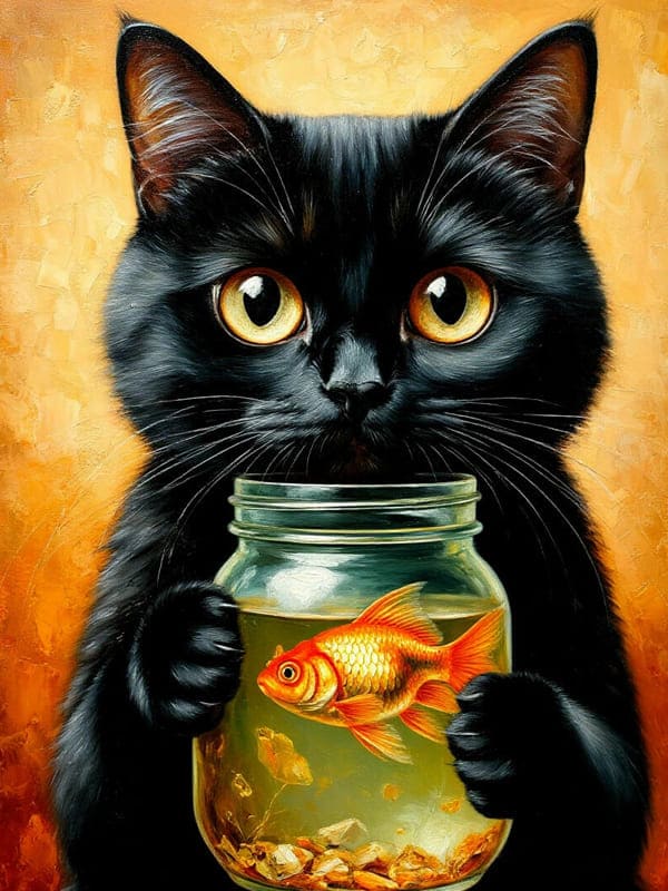 Нарисованный чёрный кот держит лапками банку с рыбкой