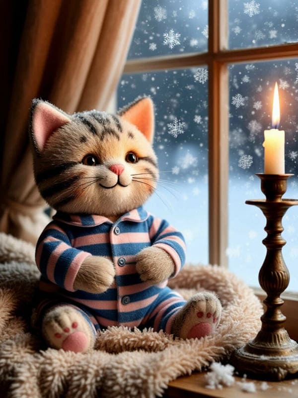 Игрушка мягкая кота в пижаме сидит у окна идёт снег свечка