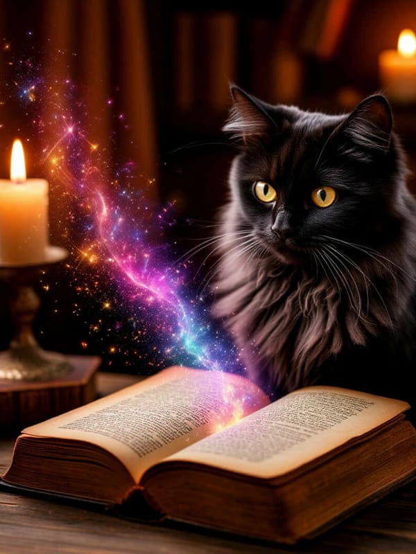 Чёрный пушистый кот фото сидит перед открытой книгой из которой вырывается волшебный туман сияние