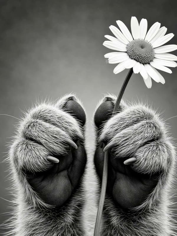 Милый лапки зверя держат ромашку