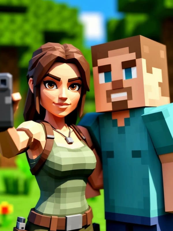 Пиксельная Лара Крофт и блочным Стивом из Майнкрафта
