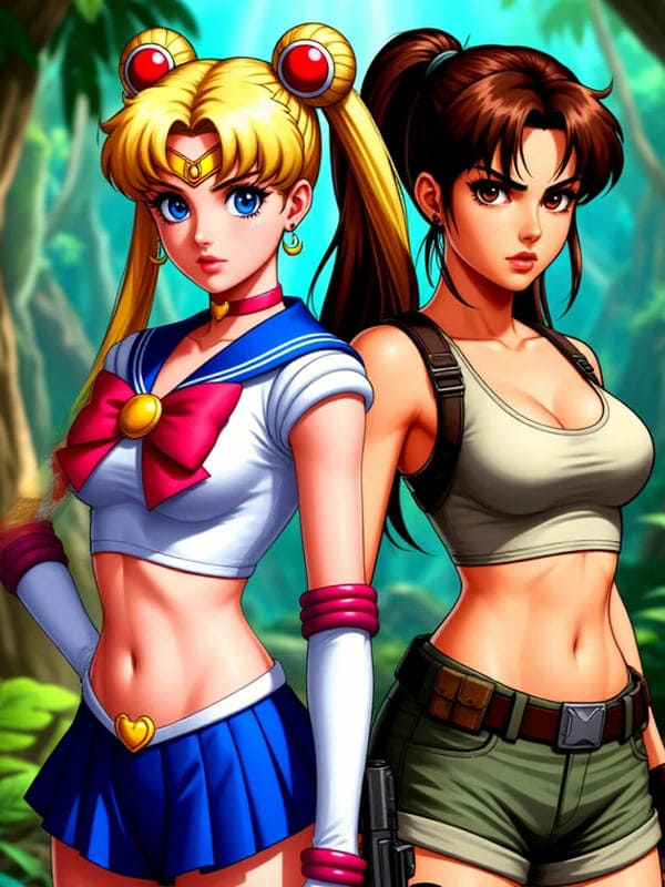 Нарисованная картинка героиня Сейлор Мун и Лара Крофт расхитительница грабниц
