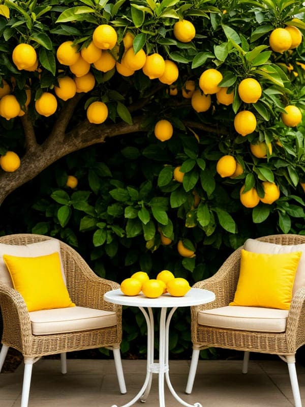 Дерево лимона с жёлтыми плодами и два кресла с подушками