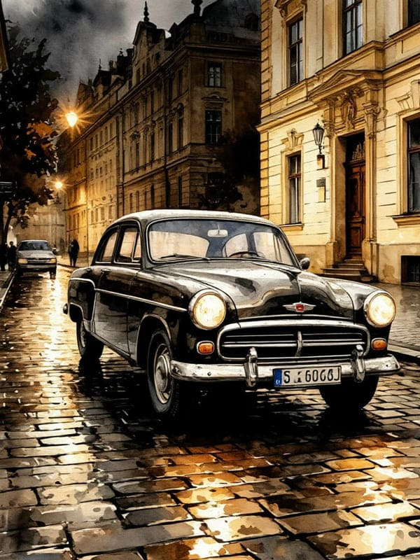 Карикатура старая машина Волга на фоне города каменная дорога