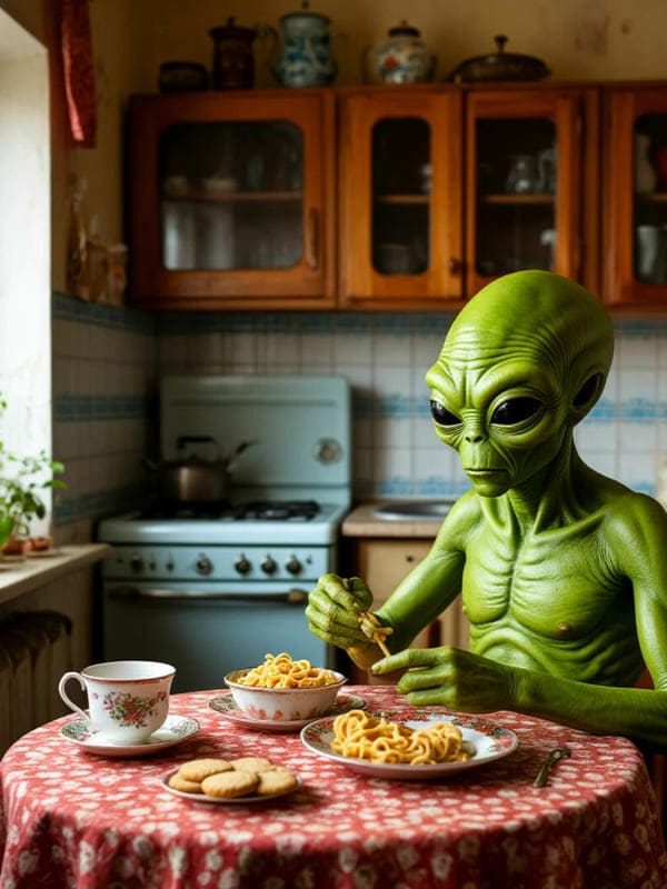 В старой кухне за круглым столом сидит инопланетянин зелёного цвета