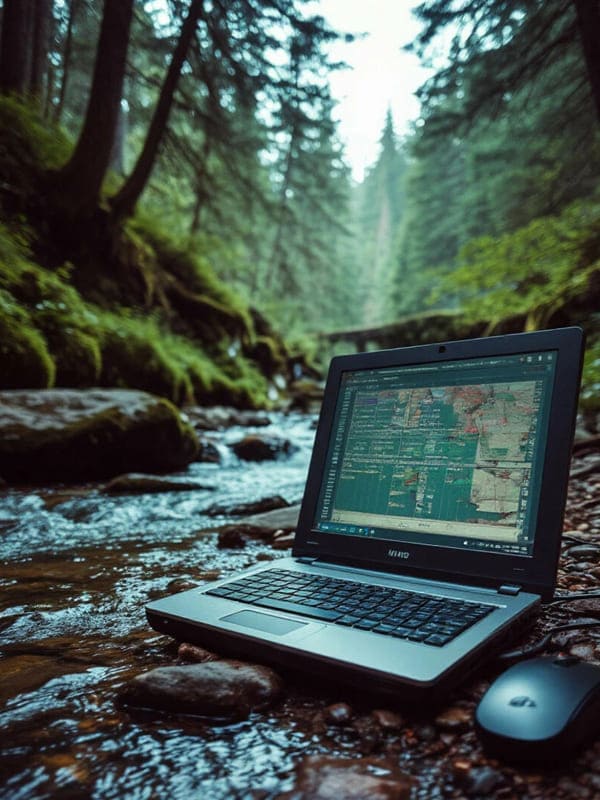 Ноутбук с мышкой включён и лежит около речки воды в лесу