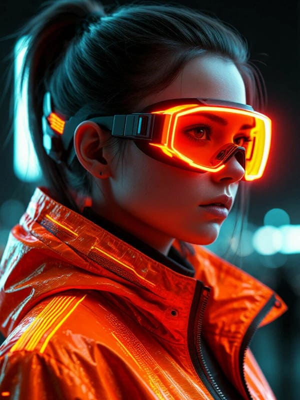 Девушка из будущего с хвостиком в оранжевой куртке и подсвеченных очках