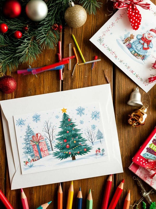 На деревянном столе сверху открытка новогодняя и атрибутика елка, карандаши фломастеры