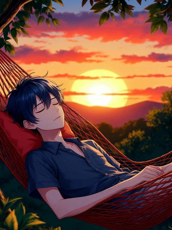 Картинка аниме парень лежит в гамаке закат