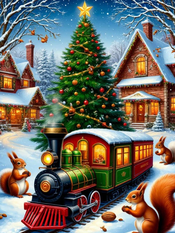 Ёлка высокая в деревни и рядом паровоз с вагонами и белочки с орехами
